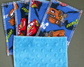 Kids Reusable Swipers - Cars Characters with Blue Dimple Minky Hanky (set of 5)