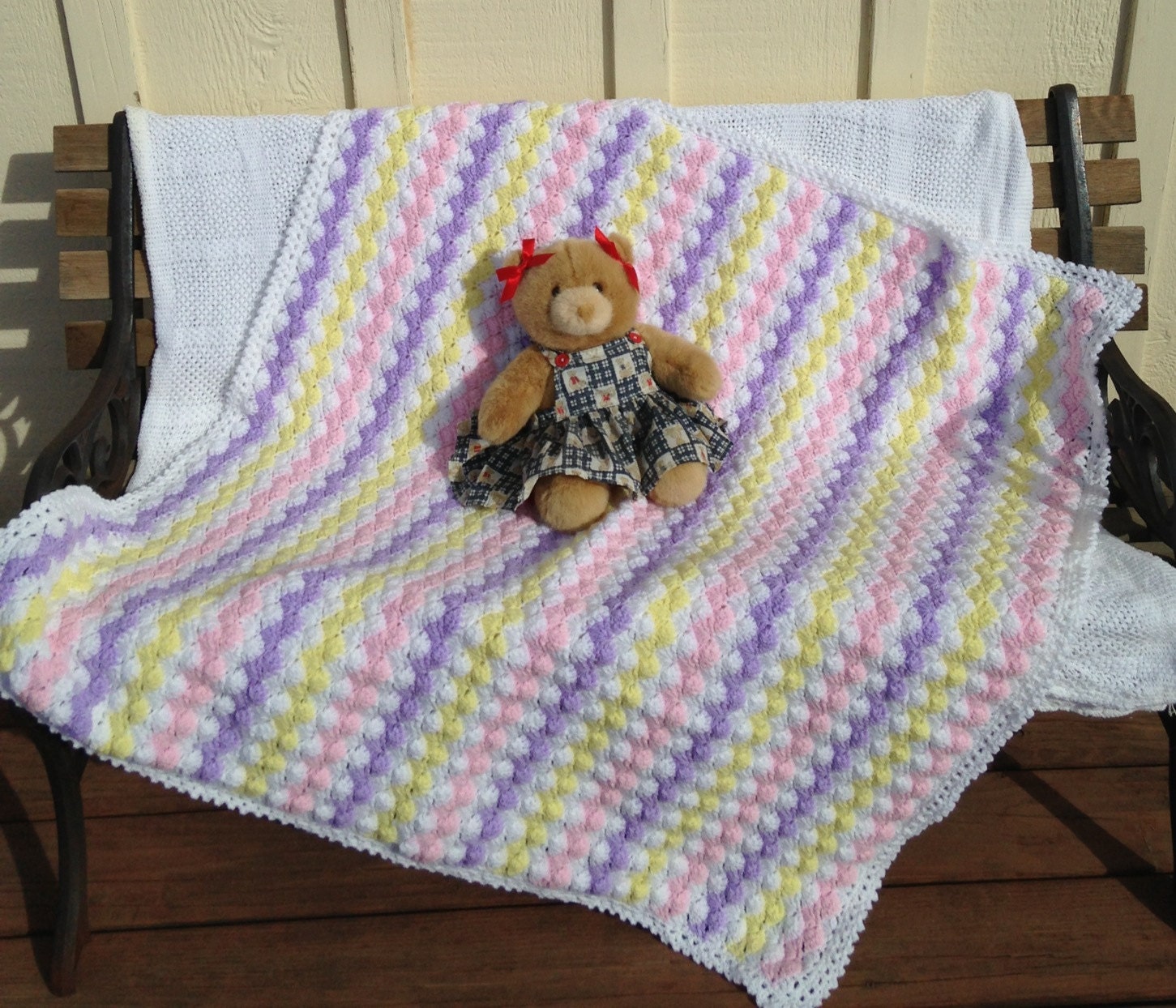 Hand Crocheted Pink Purple Yellow Afghan