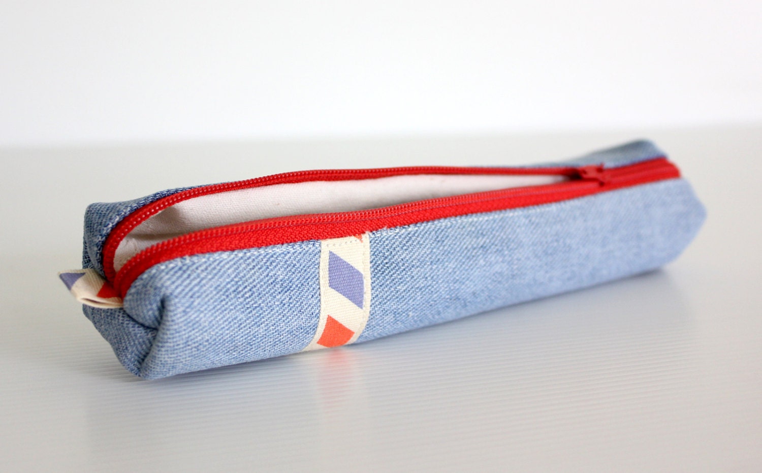 Recycled Jeans Pencil Case Blue and Red Stripes by hennyseashell