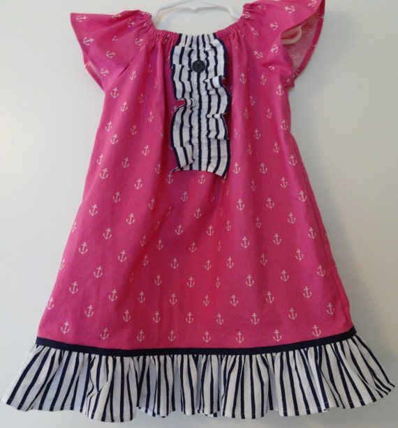 Girls Pink Anchor Nautical Peasant Dress Sizes 6MO-6....size 3T Ready ...