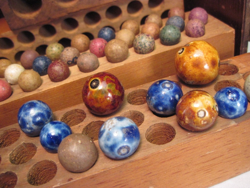 Antique Marbles Lot of Bennington and Clay PeeWees with Wooden