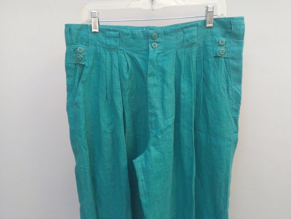 teal linen trousers