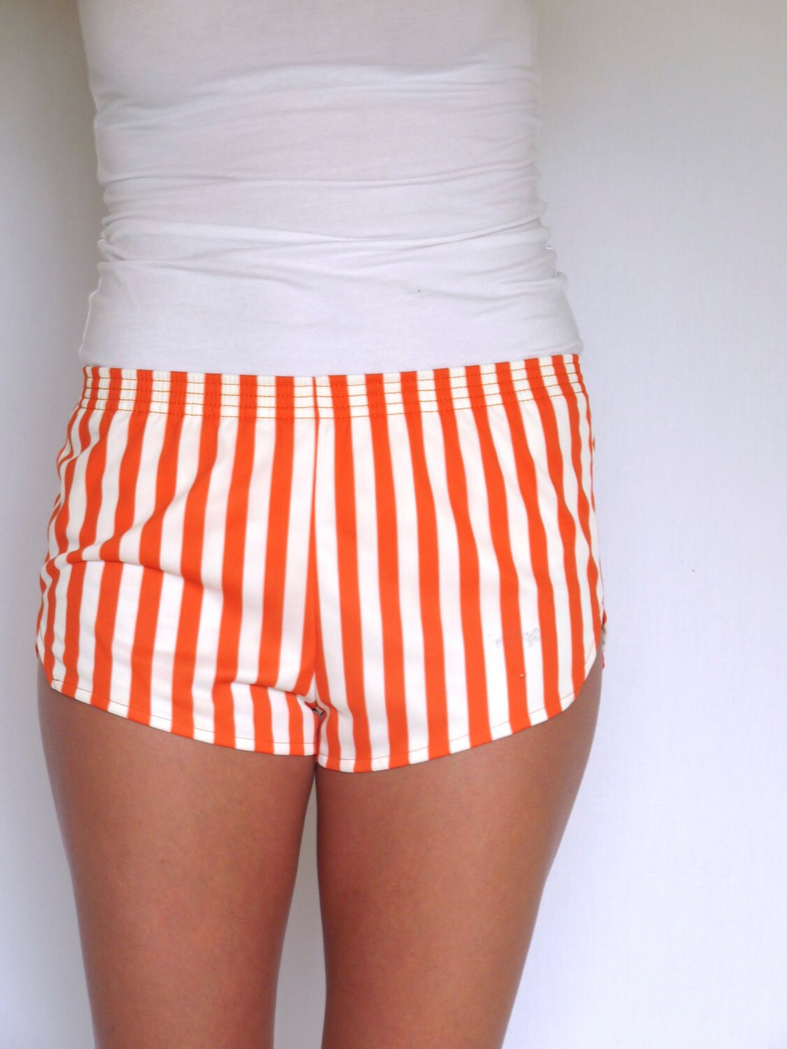 70s Bright Orange Striped Dolfin Brand Dolphin Shorts xs s