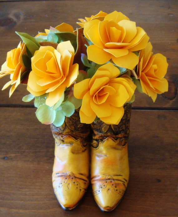 Cowboy Boots or CowGirl Paper Flower Arrangement Yellow rose