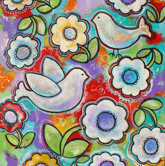 Items similar to Posies Birds Dove Flowers Pop Art Painting Floral ...