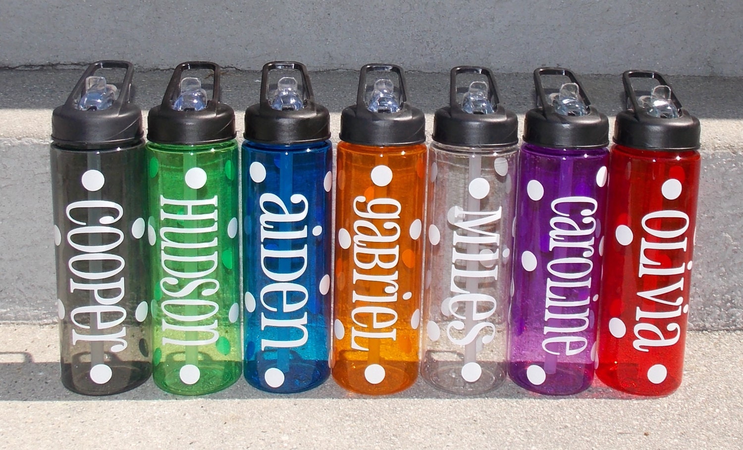 set of 4 24 oz. personalized plastic water bottle with straw