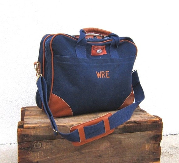 Vintag Navy Lands End Canvas Travel Briefcase w/Shoulder Strap