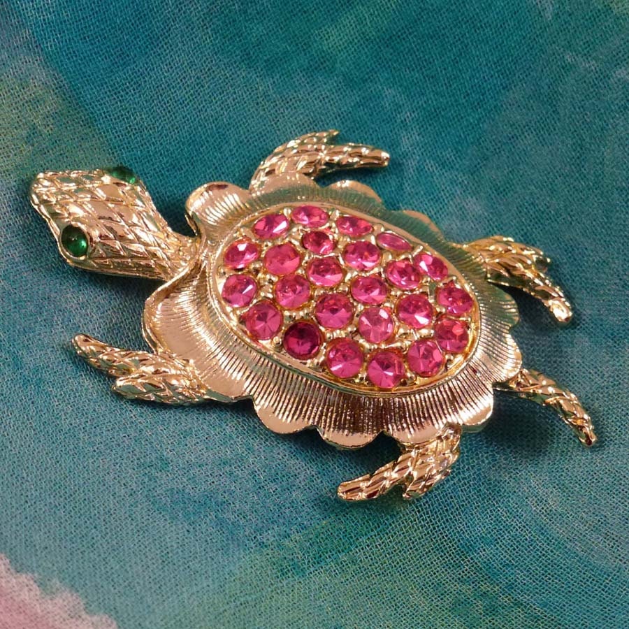 Vintage Turtle Brooch Pink Rhinestone Pin Figural Costume