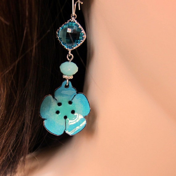 Mint green flower dangle earrings Festival fashion by OxArtJewelry