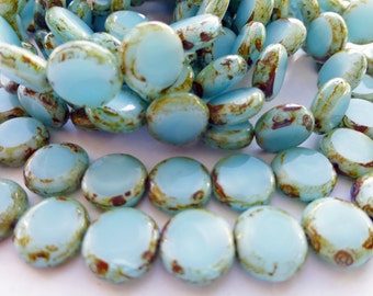 15 Czech Glass Flat Round Disc Beads in Pastel Robins Egg Blue Opal with Picasso Edges Size 11mm