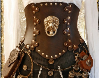 brown Steampunk Corset Brass Lion - All Sizes 'Air Kraken Assassin' Corset belt - all sizes