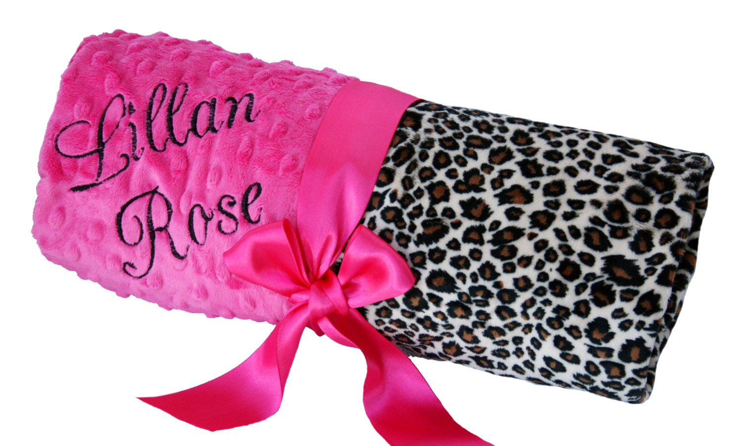 Leopard Print Minky Baby Blanket with Hot Pink Dot Minky Back