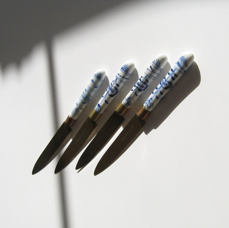 Antique Meissen Blue Onion Fruit Knives Set Uchatiusbronce