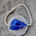 Seaglass Pearl Bracelet - Cobalt Blue Seaglass on Stretch Bracelet of White Pearls