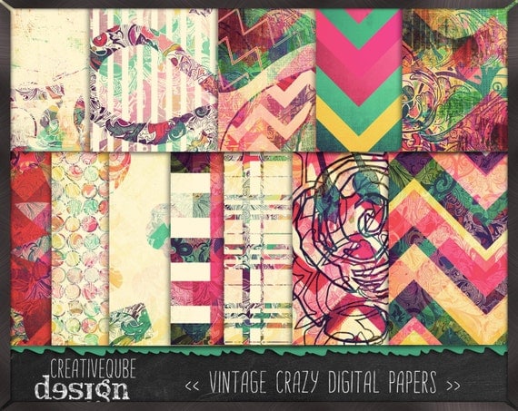 Digital paper, Digital Scrapbook paper pack - Instant download - 12 Digital Papers - Crazy vintage