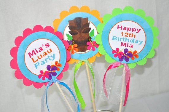 Luau Birthday Centerpiece Sticks, Hawaiian Luau Birthday Decorations, Tiki Party Decorations, Table Decorations, 1st Birthday - Set of 3 Il_570xn