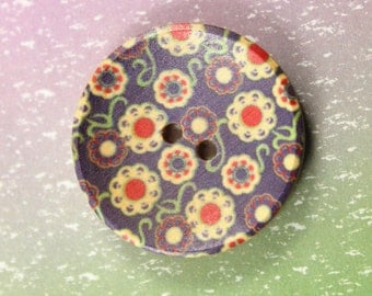 Flower Wooden Buttons - Blue-violet Scattered Various Flowers Picture Concave Wood Buttons. 1.18 inch. 6 in a set