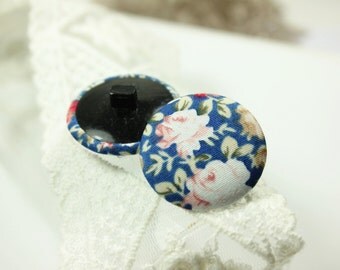 Elegant Peony Flowers Night Blue Color Fabric Buttons,1.18 inch. (8 in a set)