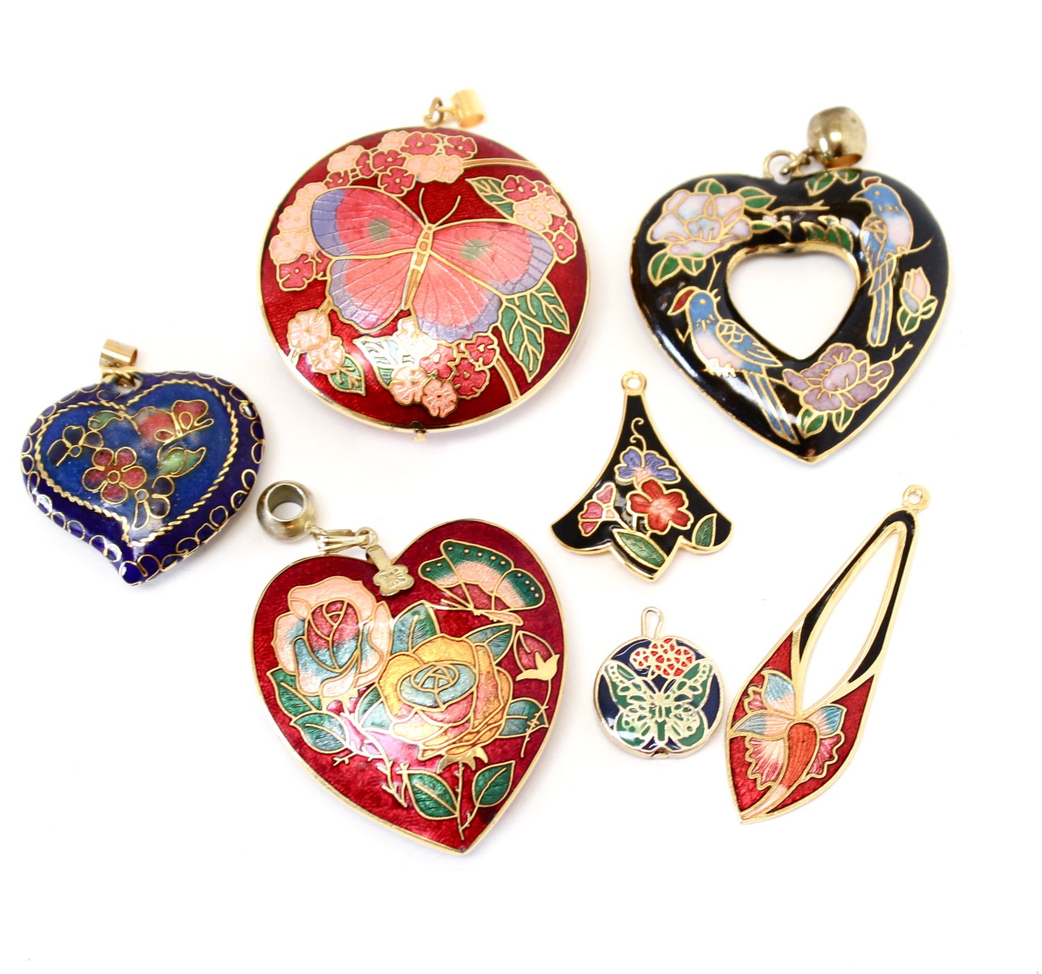 Vintage Cloisonne Pendant Lot 7 Gold Tone Costume Jewelry
