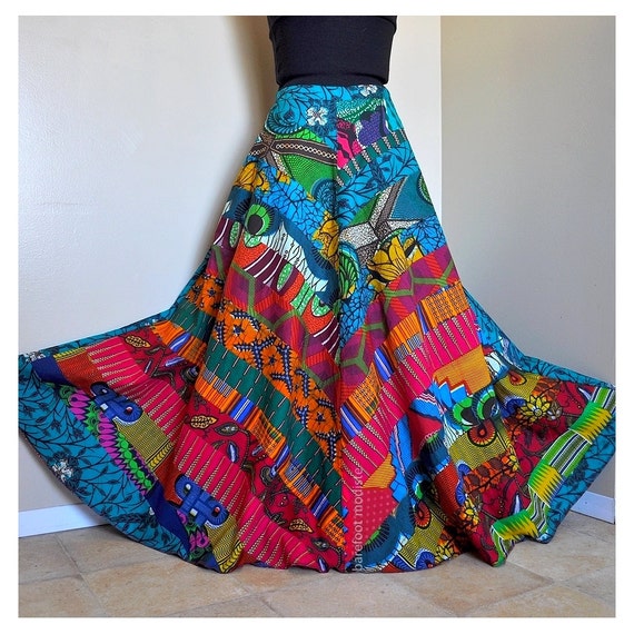 The Fourth Muse Long Bright African Patchwork Skirt Ooak