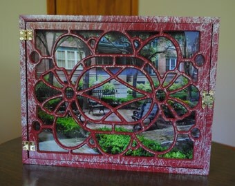 mini park benches in red window frame