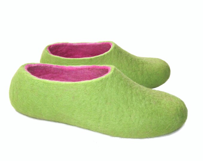 Pink and Green Wool Slippers - Felted Shoes - Minimalist Shoes - House Shoes - Mix and Match - Rubber Soles - Womens Shoes