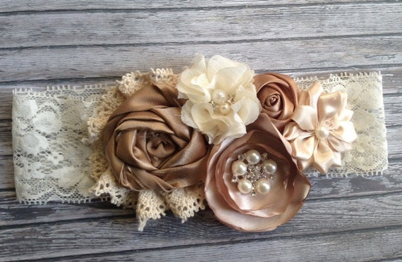 Vintage inspired Ivory taupe satin lace headbandcream flower