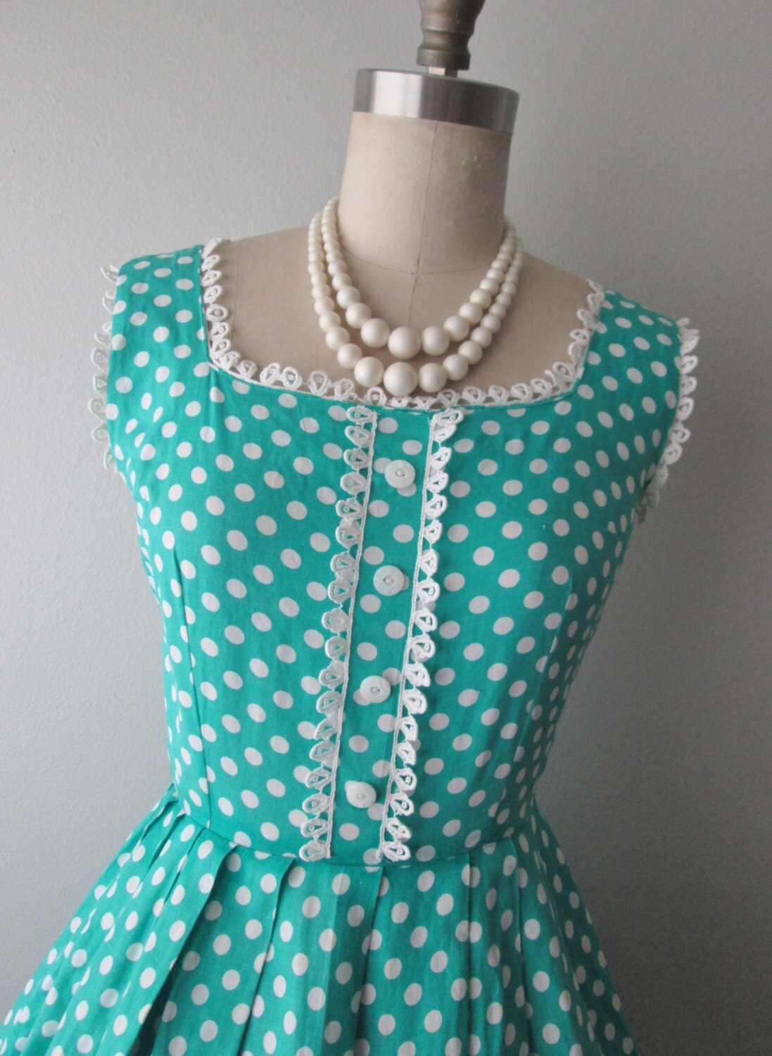 Vintage 50's Dress // Vintage 50s Polka Dot Teal Cotton