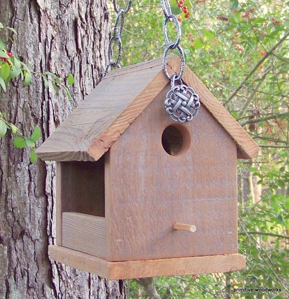 Wooden Bird House Bird Feeder, Reclaimed Wood Bird Feeder, Natural 