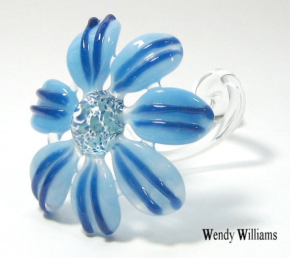 Light Blue Glass Flower with Dark Blue Stripes Clear Glass