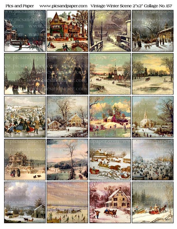 Vintage Winter Scenes Printable images 2x2 Digital Collage