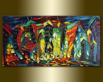 Original Modern City Series Cityscape Painting Oil on Canvas Palette Knife Textured Abstract Art 19X37 by Willson Lau