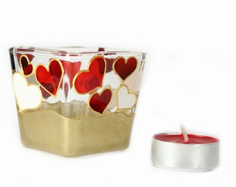 Hand Painted Glass Candle Holder Tea light mini candle holder White red hearts gold home decor