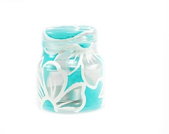 Hand Painted Glass Jar Candle Holder Lace white turquoise kitchen decor home decor Decorative Glass Art