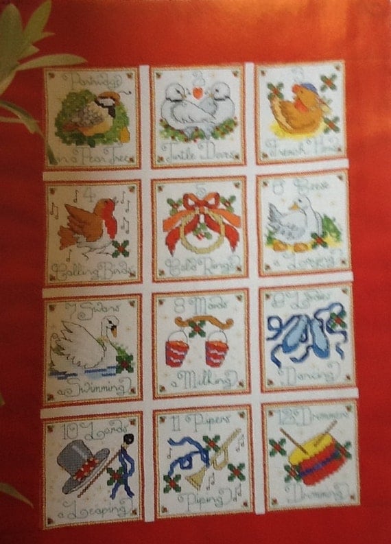 12 Days of Christmas cross stitch pattern with full color and