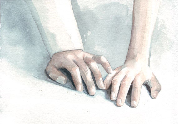 Original watercolor painting hands touching first date new