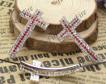 2pcs of 24x46mm Silver tone Sideways Cross white and red Rhinestone Connector,Cross Bracelet Connector,bangle findings