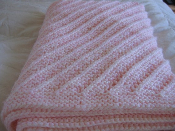 Pink and Antique White Diagonal pattern Knit Baby blanket