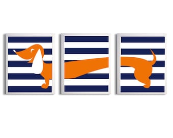 Nursery Girl Boy Art Dachshund Dog Kids Navy Orange Stripe Wall Decor Set of 3 each 11x14