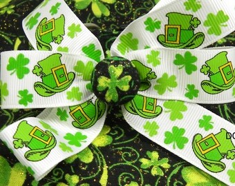 Dog Collar Shamrocks w Gold Sparkle for St Patricks Day w Shamrock Top Hat Ribbon Bow Adjustable Dog Collar D Ring Choose Size