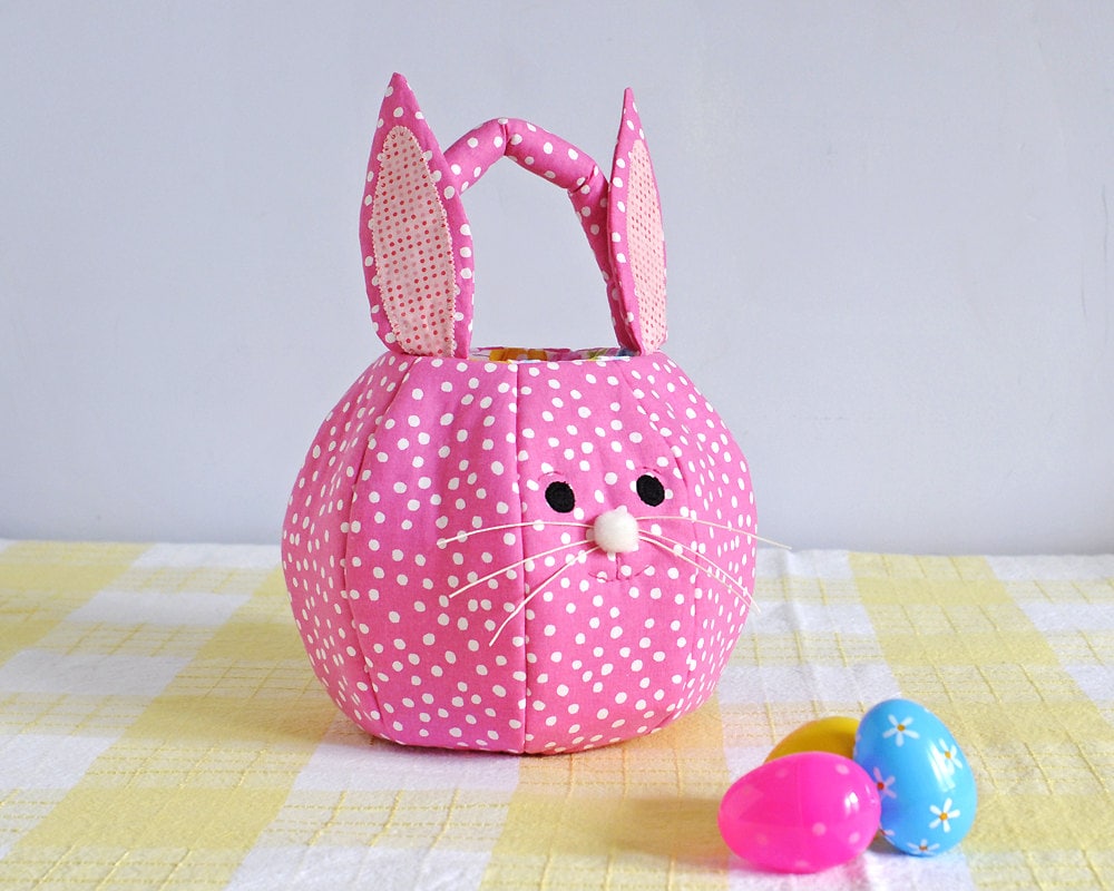 Easter Basket Quilted Fabric Easter Bunny Pink Polka Dot