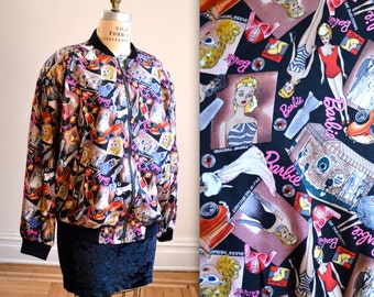90s Nicole Miller Silk Bomber Jacket with BARBIE Print size Large XL