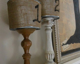 2 Buckets wrapped in Burlap painted with a number or initial on 5 Qt Handpainted BUCKETS, shabby chic buckets