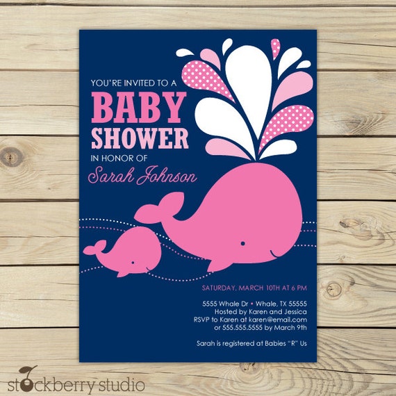 Girl Whale Baby Shower Invitations - Hot Pink Navy Blue Nautical Baby Shower Invites - Whale Invitation - Girl Baby Shower Invites Invite Il_570xn