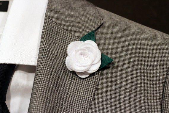White classic wool felt rose boutonniere flower pin for men