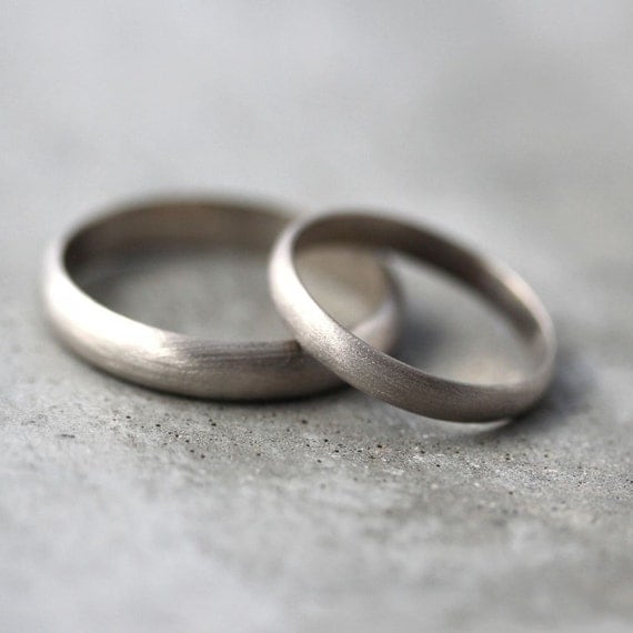 Gold Wedding Band Set, His and Hers 4mm and 3mm Brushed Half Round 14k ...
