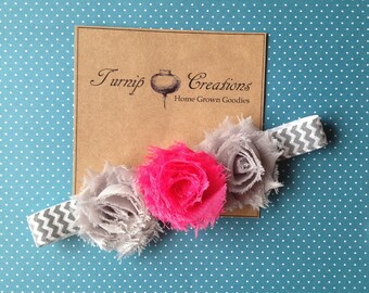Hot Pink and Gray Petite Shabby Chic Chiffon Flower Chevron Headband