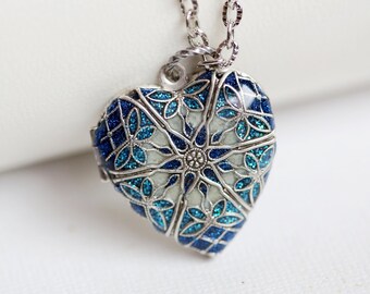 Locket Necklace, Sapphire Silver Heart Locket, Jewelry Gift,Something Blue,filigree locket necklace,photo,Wedding Necklace,bridesmaid,