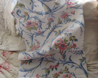 SALE Antique Curtain Morceau Fragment French Toile Tree Bird Floral On White Fabric A68