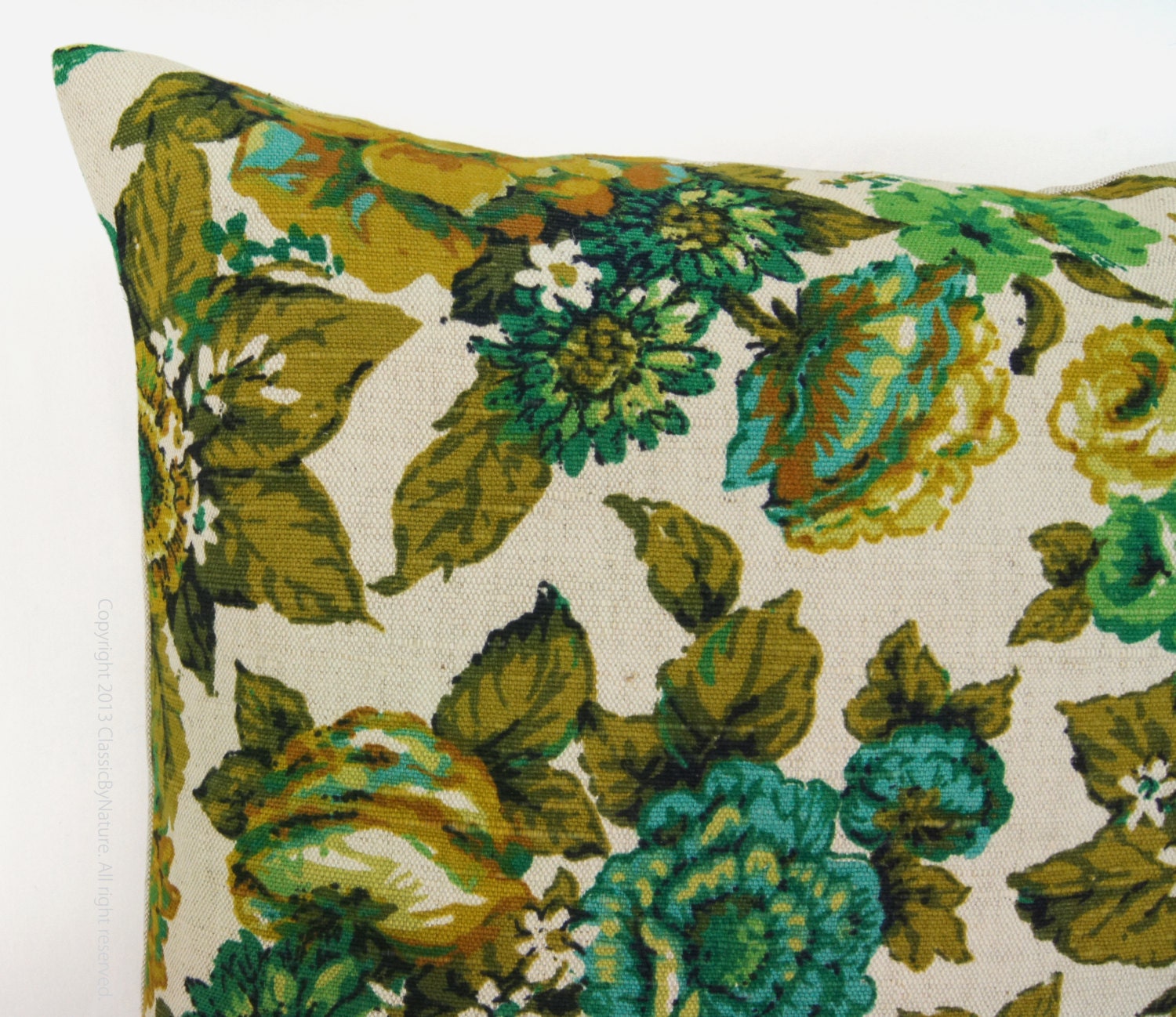 Floral pillow cover ? Vintage fabric ? Garden printed pattern in emerald, turquoise, yellow ...